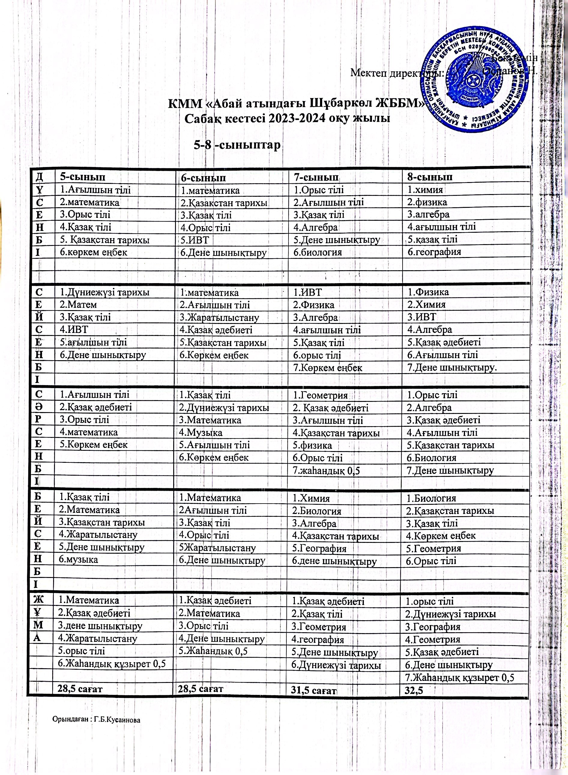 Сабақ кестесі 2023-2024 оқу жылы