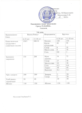 Ежедневное меню.  19.10.2022гг.