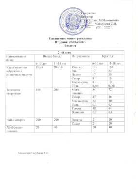 Күнделікті мәзір. 27.09.2022 жж