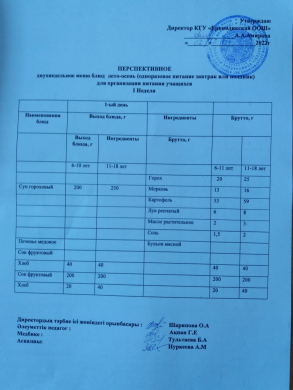 Еркіндік жалпы білім беретін мектебінде  бір күндік ас мәзірі