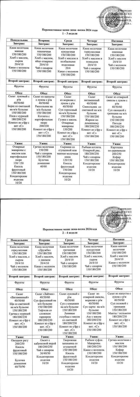 Перспективное меню сезонное на 2024 год 1-4 недели