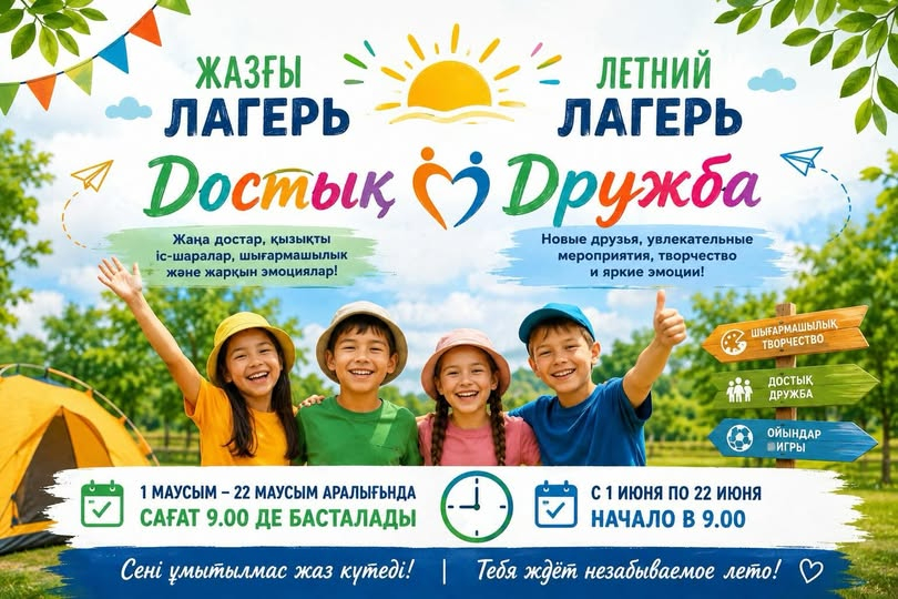 ???? Міржақып Дулатұлы атындағы ЖББМ жанындағы «Достық» жазғы лагері балаларды шақырады! ???? Қымбатты балалар! Сіздерді қызықты әрі көңілді жазғы лагерьге шақырамыз! ???? ???? Міржақып Дулатұлы атындағы ЖББМ кішкентай мектебінде ???? 1 маусым – 22 маусым