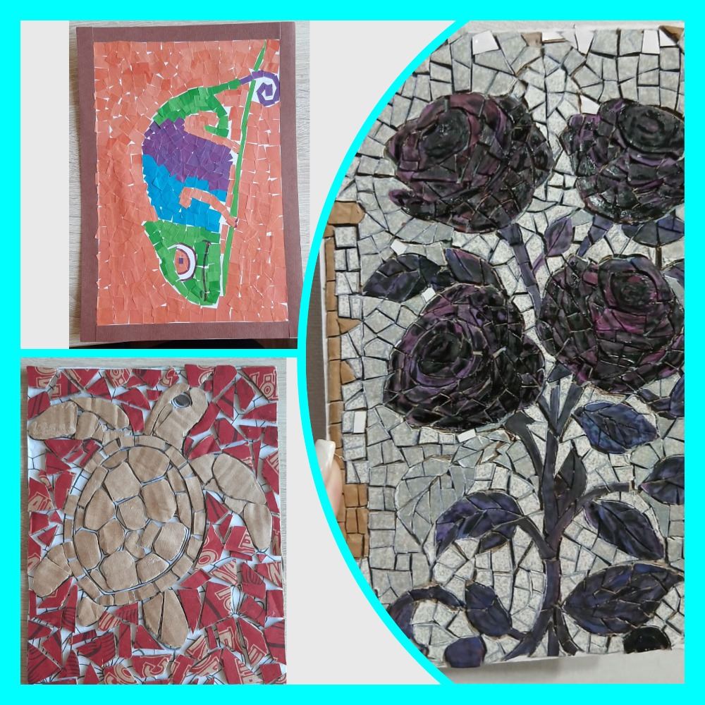 Выставка работ учащихся восьмых классов. Работы выполнены в технике «Мозайка».